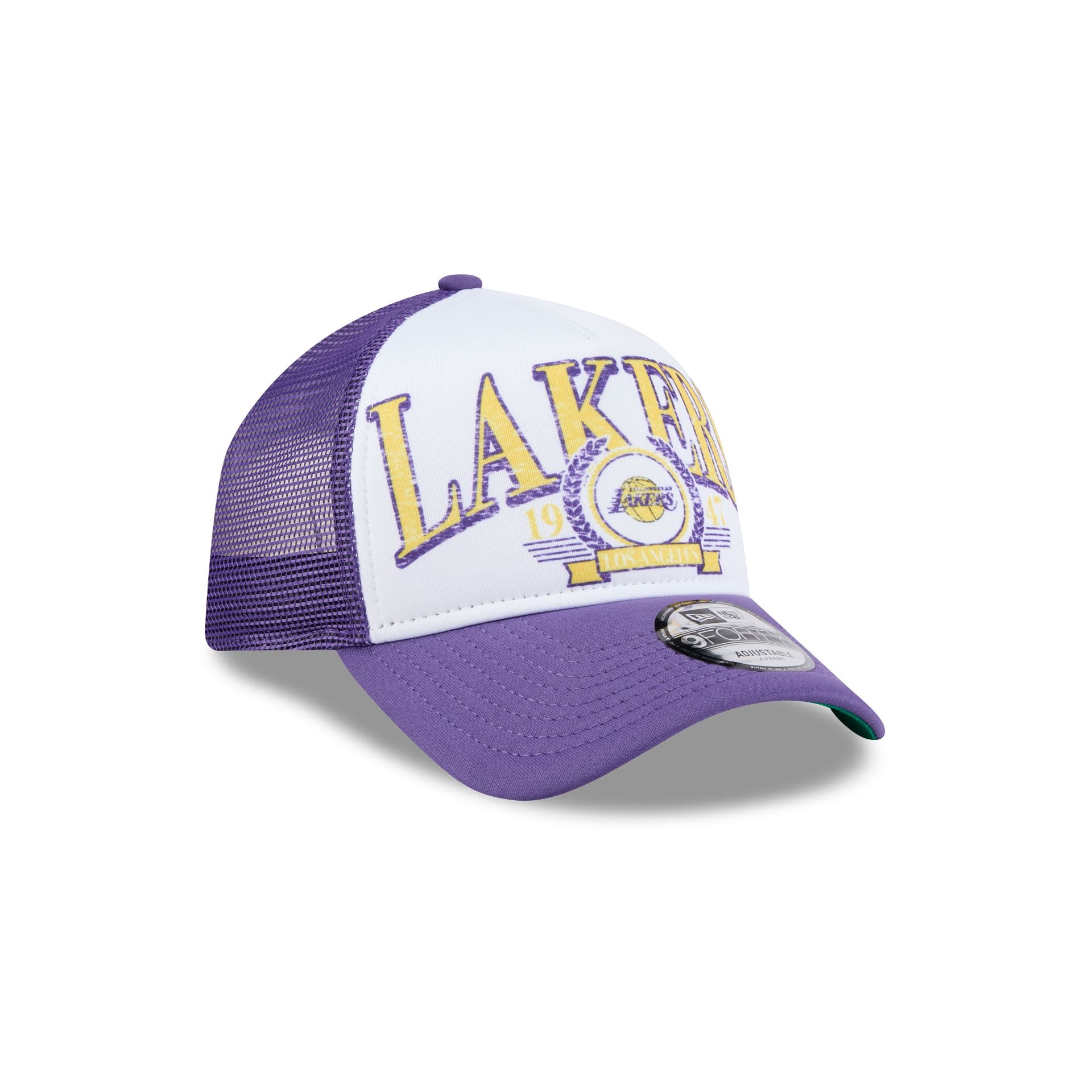 Los Angeles Lakers Distressed 9FORTY A-Frame Trucker Hat - Image 3